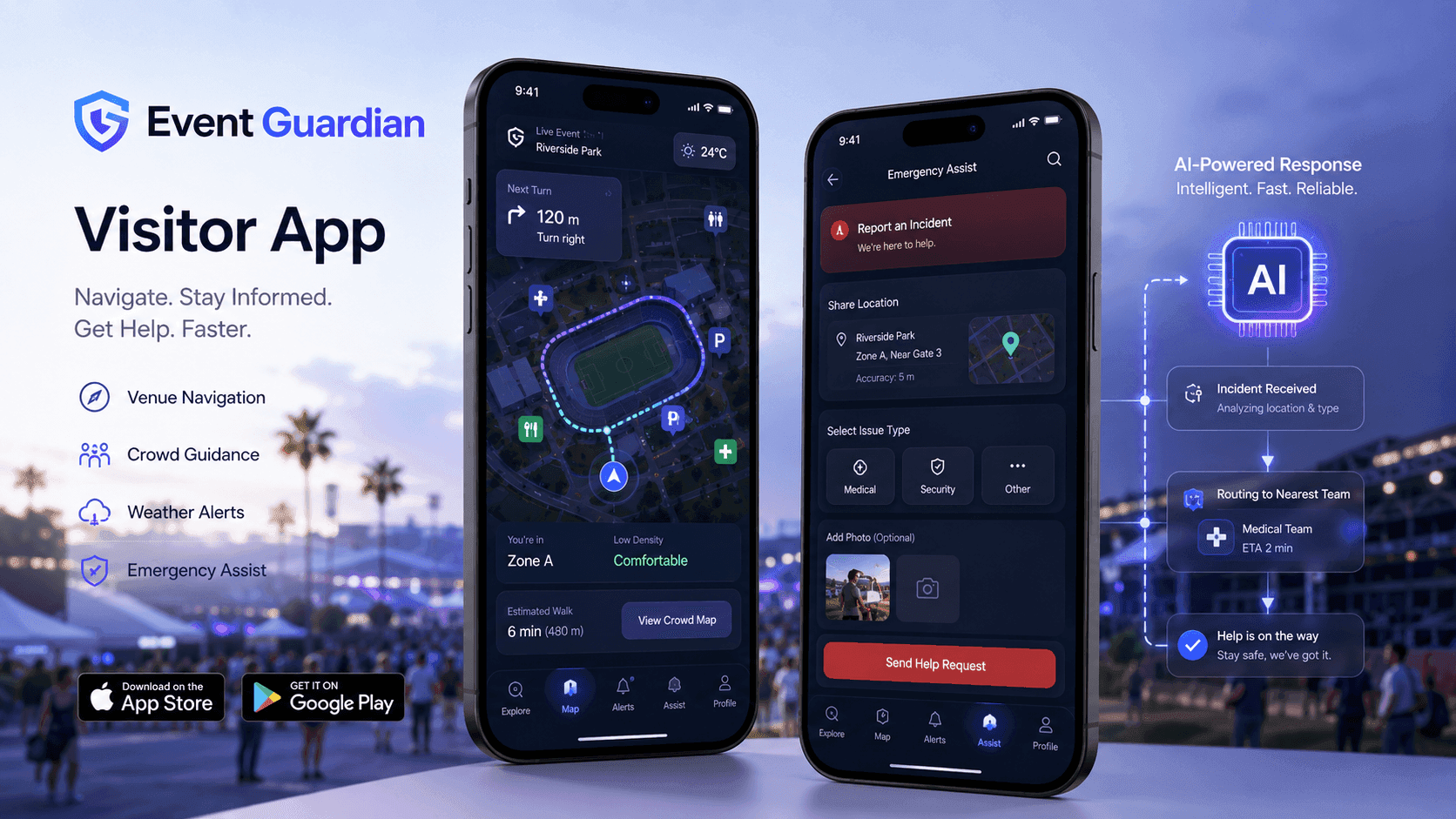 Besucher-App von Event Guardian mit Geländeplan, Navigation und Hinweisen zu überfüllten Bereichen